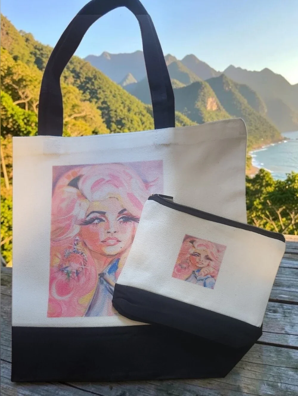 Dolly Parton Portrait Canvas Tote Bag & Make Up Tote. Double Sided